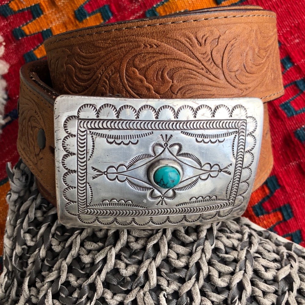Tony Lama Belt With Silver & Turquoise Buckle 34 M